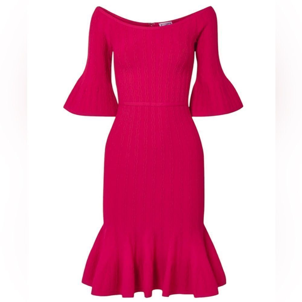 Herve Leger Fluted Off The Shoulder Textured Knit Dress